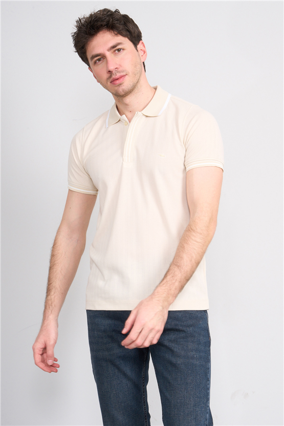 Troy Y26 26550 Kemik Erkek Kare Cızgılı Patlı Polo Yaka T-Shirt