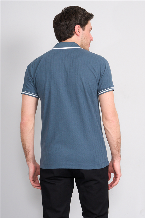 Troy Y26 26550 Petrol Erkek Kare Cızgılı Patlı Polo Yaka T-Shirt