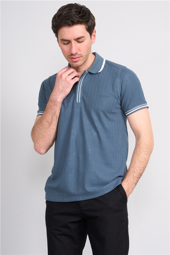 Troy Y26 26550 Petrol Erkek Kare Cızgılı Patlı Polo Yaka T-Shirt