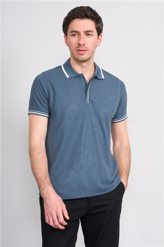 Troy Y26 26550 Petrol Erkek Kare Cızgılı Patlı Polo Yaka T-Shirt