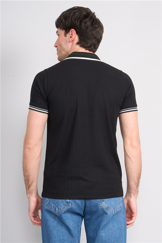 Troy Y26 26550 Siyah Erkek Kare Cızgılı Patlı Polo Yaka T-Shirt