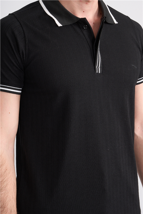 Troy Y26 26550 Siyah Erkek Kare Cızgılı Patlı Polo Yaka T-Shirt