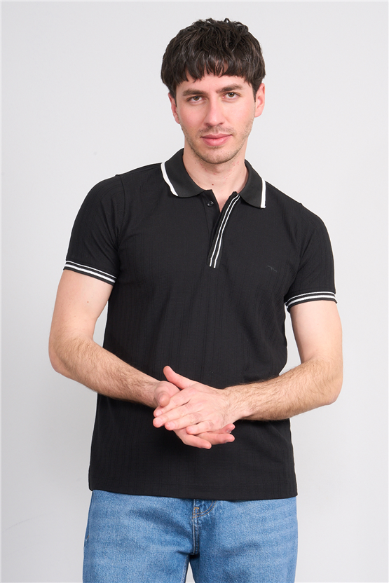 Troy Y26 26550 Siyah Erkek Kare Cızgılı Patlı Polo Yaka T-Shirt