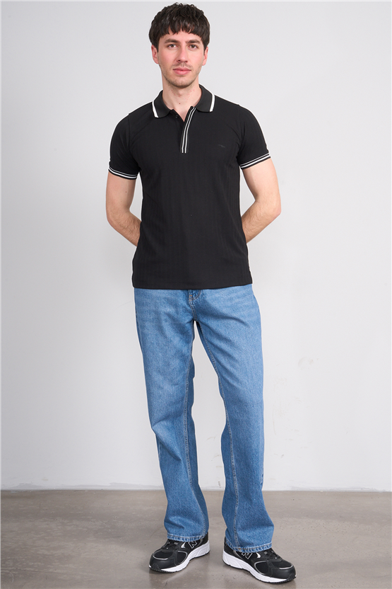 Troy Y26 26550 Siyah Erkek Kare Cızgılı Patlı Polo Yaka T-Shirt