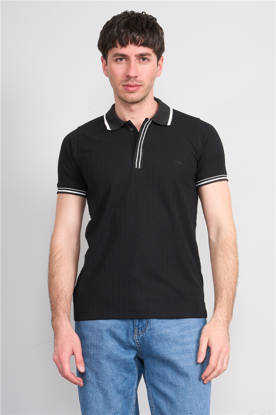 Troy Y26 26550 Siyah Erkek Kare Cızgılı Patlı Polo Yaka T-Shirt