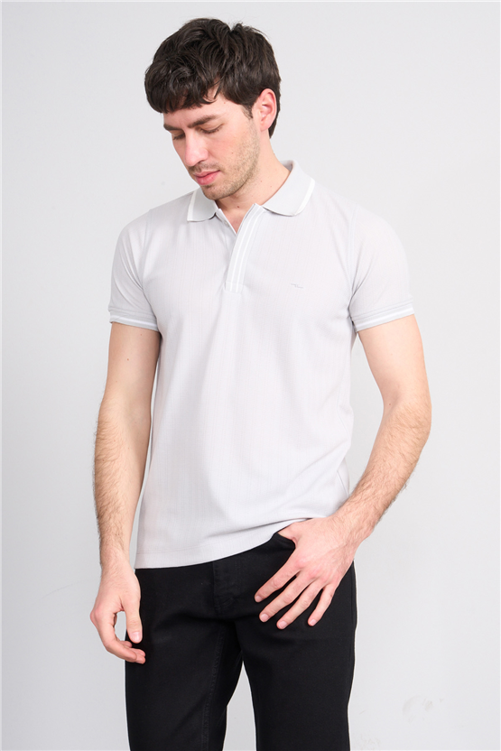 Troy Y26 26550 Taş Erkek Kare Cızgılı Patlı Polo Yaka T-Shirt