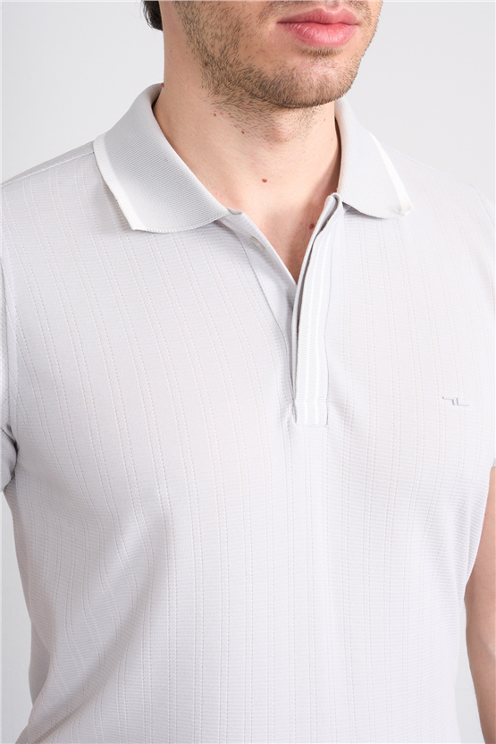 Troy Y26 26550 Taş Erkek Kare Cızgılı Patlı Polo Yaka T-Shirt