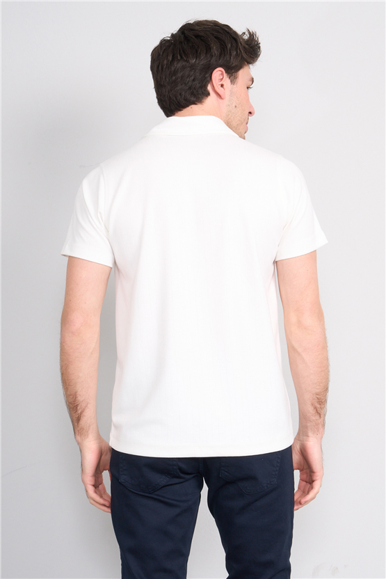 Troy Y26 26551 Beyaz Erkek Cızgılı Oysho V Pat Polo Yaka T-Shirt