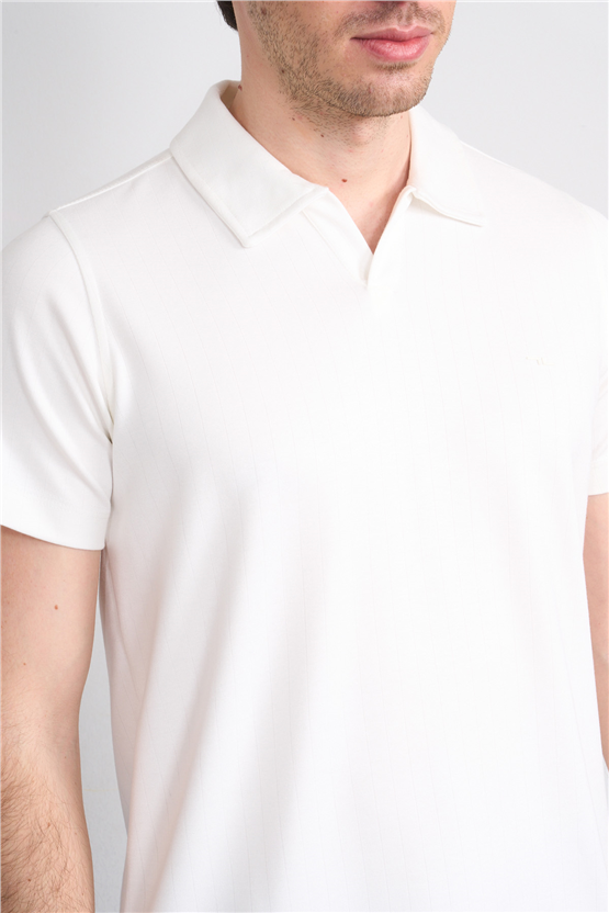 Troy Y26 26551 Beyaz Erkek Cızgılı Oysho V Pat Polo Yaka T-Shirt