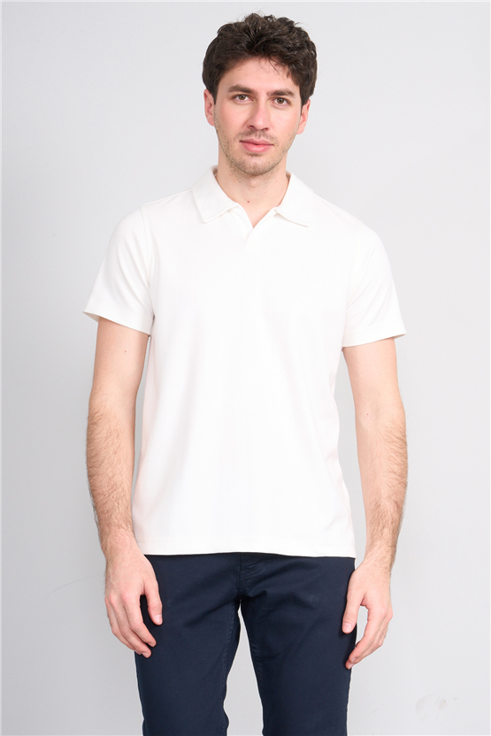 Troy Y26 26551 Beyaz Erkek Cızgılı Oysho V Pat Polo Yaka T-Shirt