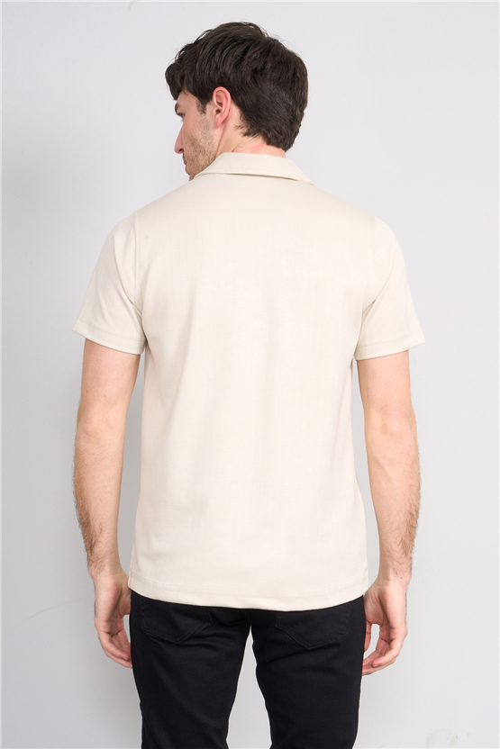 Troy Y26 26551 Kemik Erkek Cızgılı Oysho V Pat Polo Yaka T-Shirt