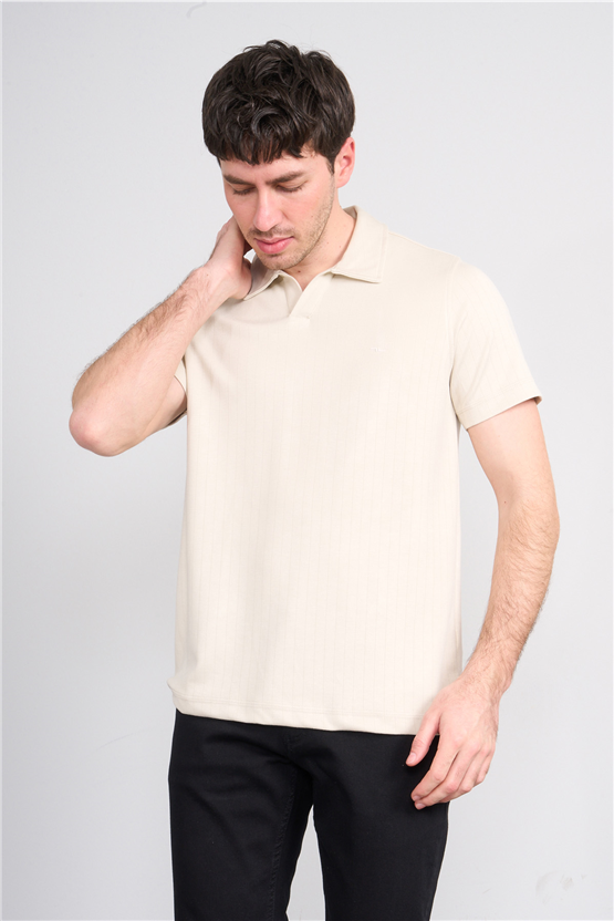 Troy Y26 26551 Kemik Erkek Cızgılı Oysho V Pat Polo Yaka T-Shirt