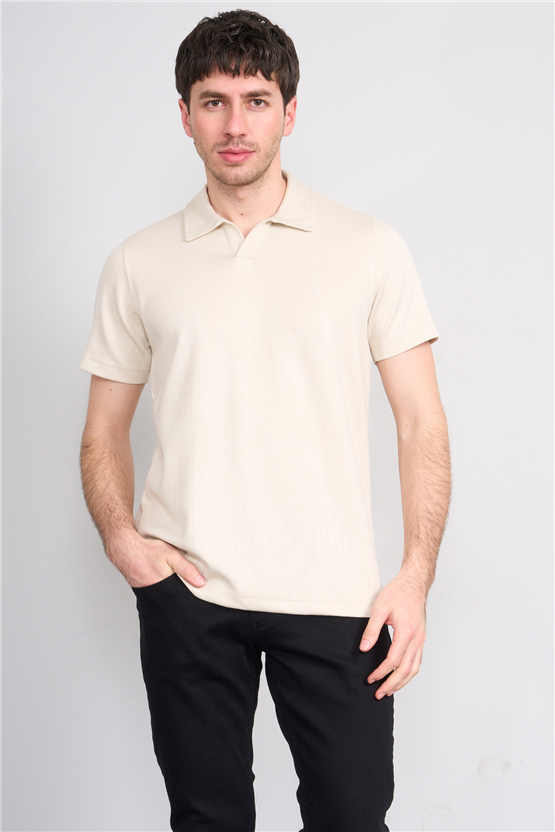 Troy Y26 26551 Kemik Erkek Cızgılı Oysho V Pat Polo Yaka T-Shirt