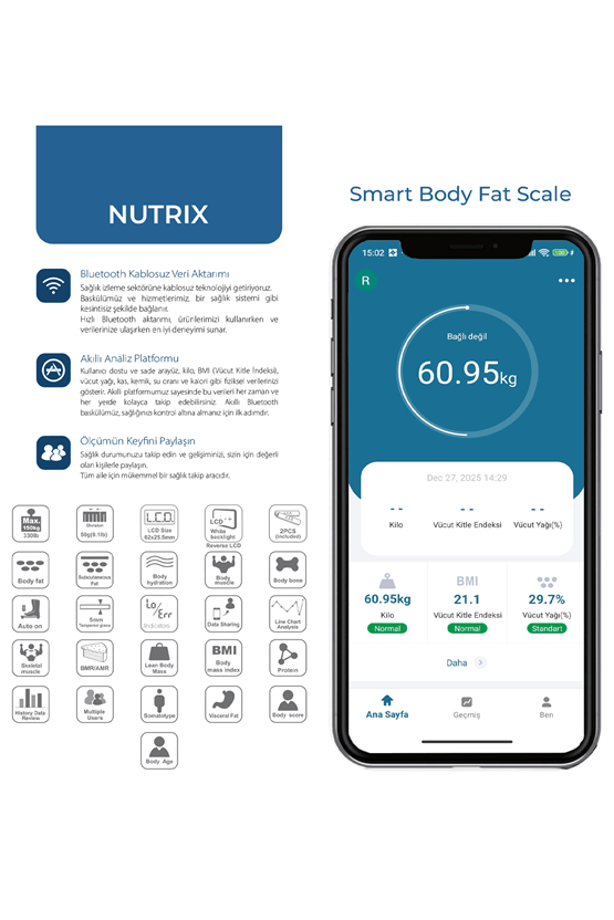 VENANDİN NUTRİX SCNTX-001 Bluetooth Akıllı Dijital Tartı Vücut Analiz Baskülü 