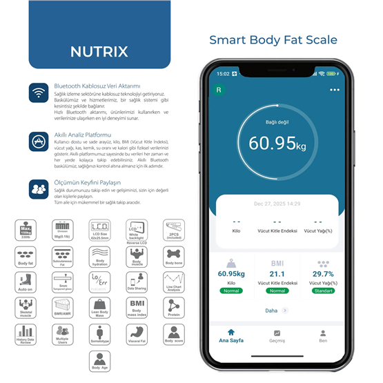VENANDİN NUTRİX SCNTX-001 Bluetooth Akıllı Dijital Tartı Vücut Analiz Baskülü 