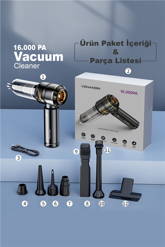 VENANDİN ST-6659 Plus Kablosuz Araç Süpürgesi 16000 Pa Güçlü Şarjlı El Süpürgesi Üflemeli