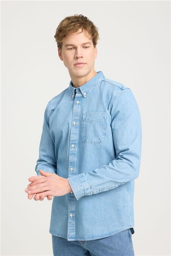 Wrangler W241464 Xt Mıd Blue Erkek Regular Uzun Kollu Gömlek