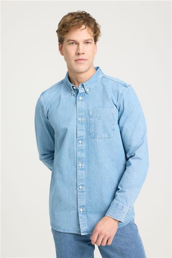 Wrangler W241464 Xt Mıd Blue Erkek Regular Uzun Kollu Gömlek