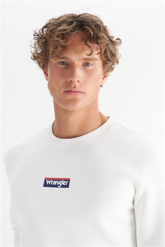 Wrangler W2520133 102 Off Whıte Erkek Mıd Logo Baskılı Regular Bısıklet Yaka Sweatshırt
