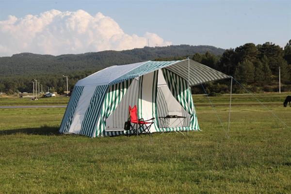 Tunç Çadır İçten Kurmalı İki Odalı Pamuklu Kamp Çadırı Turuncu Yeşil Beyaz Çizgili