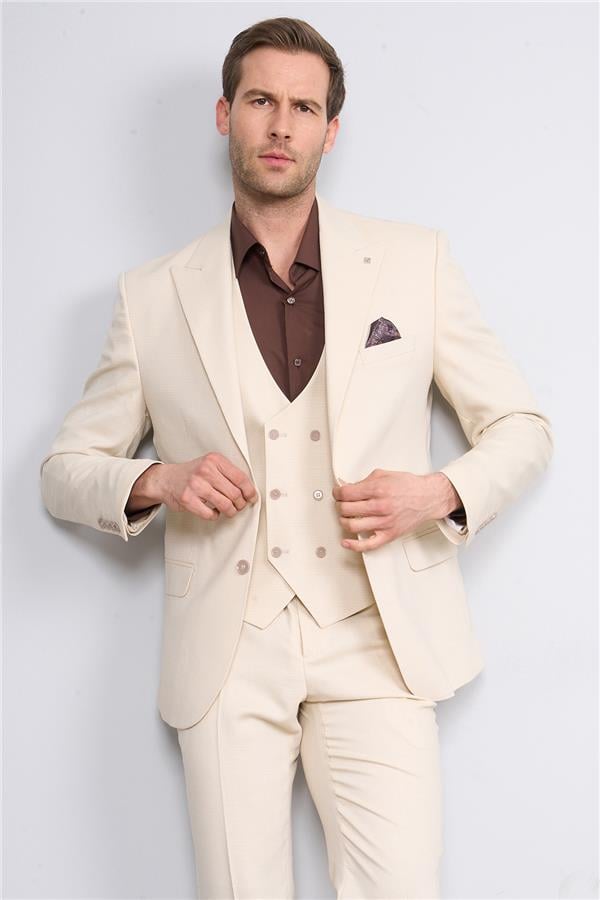 Woolsuit Perge Krem Erkek Yelikli Takım Elbise