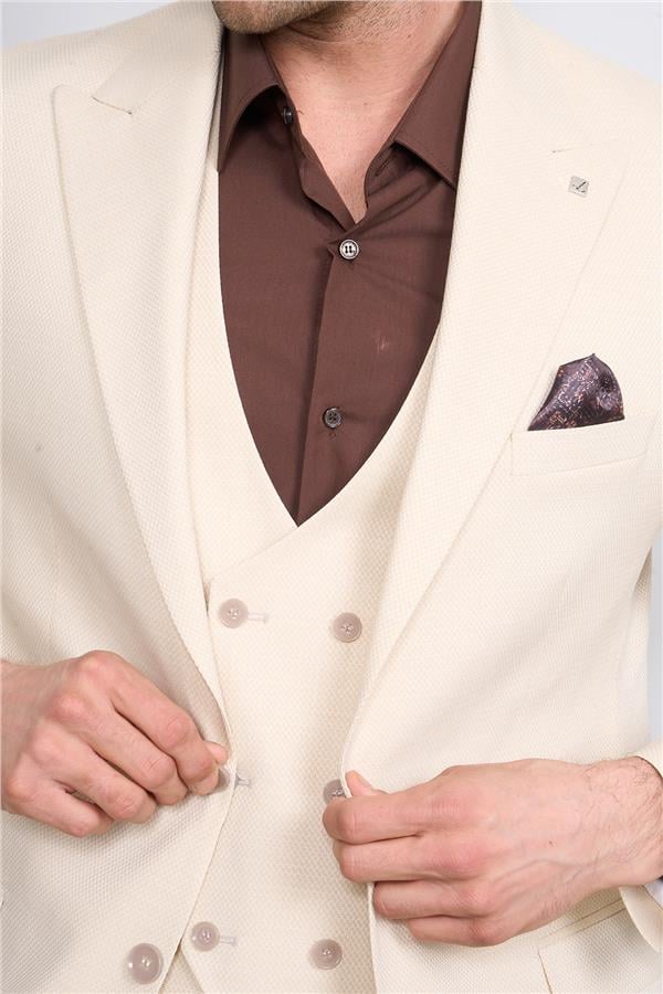 Woolsuit Perge Krem Erkek Yelikli Takım Elbise