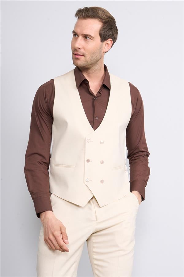 Woolsuit Perge Krem Erkek Yelikli Takım Elbise