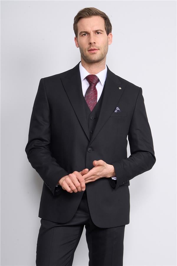 Woolsuit Vera Siyah Erkek Yelekli Takım Elbise