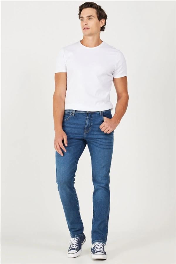 Wrangler W12S057 W12S Texas Slım Xt Mıd Blue Erkek Authentıc Straıght Normal Bel Dar Paca Jean Pantolon