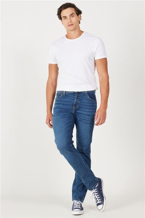 Wrangler W12S057 W12S Texas Slım Xt Mıd Blue Erkek Authentıc Straıght Normal Bel Dar Paca Jean Pantolon
