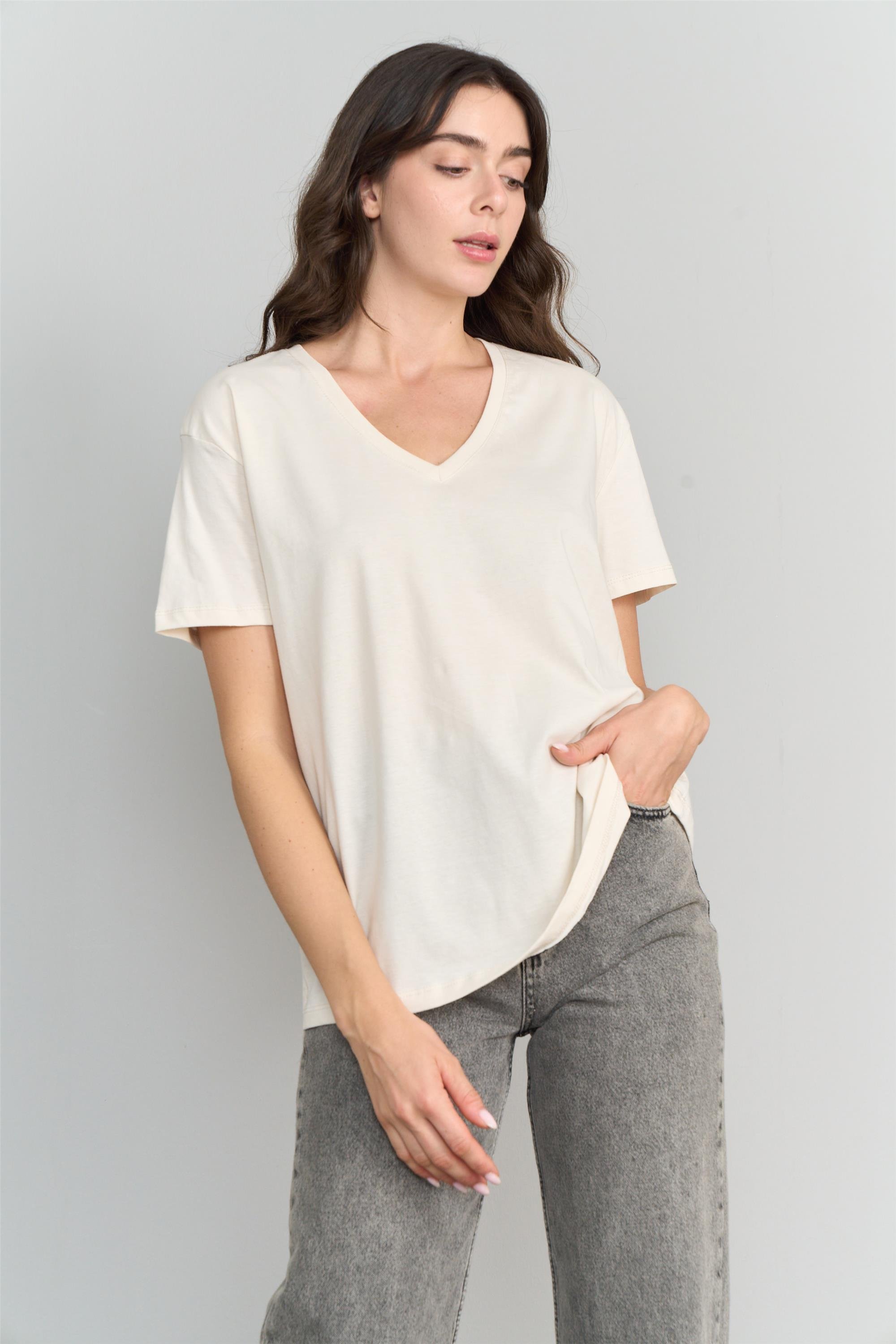 Cetinkaya Fithit 3265 Bayan V Yaka Basic T shirt Bej