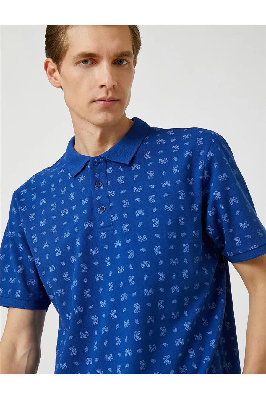 Koton 3Sam10052Mk 7D1 Lacivert Desenli Erkek Pamuk Jersey Kısa Kollu Polo  Yaka T-Shirt
