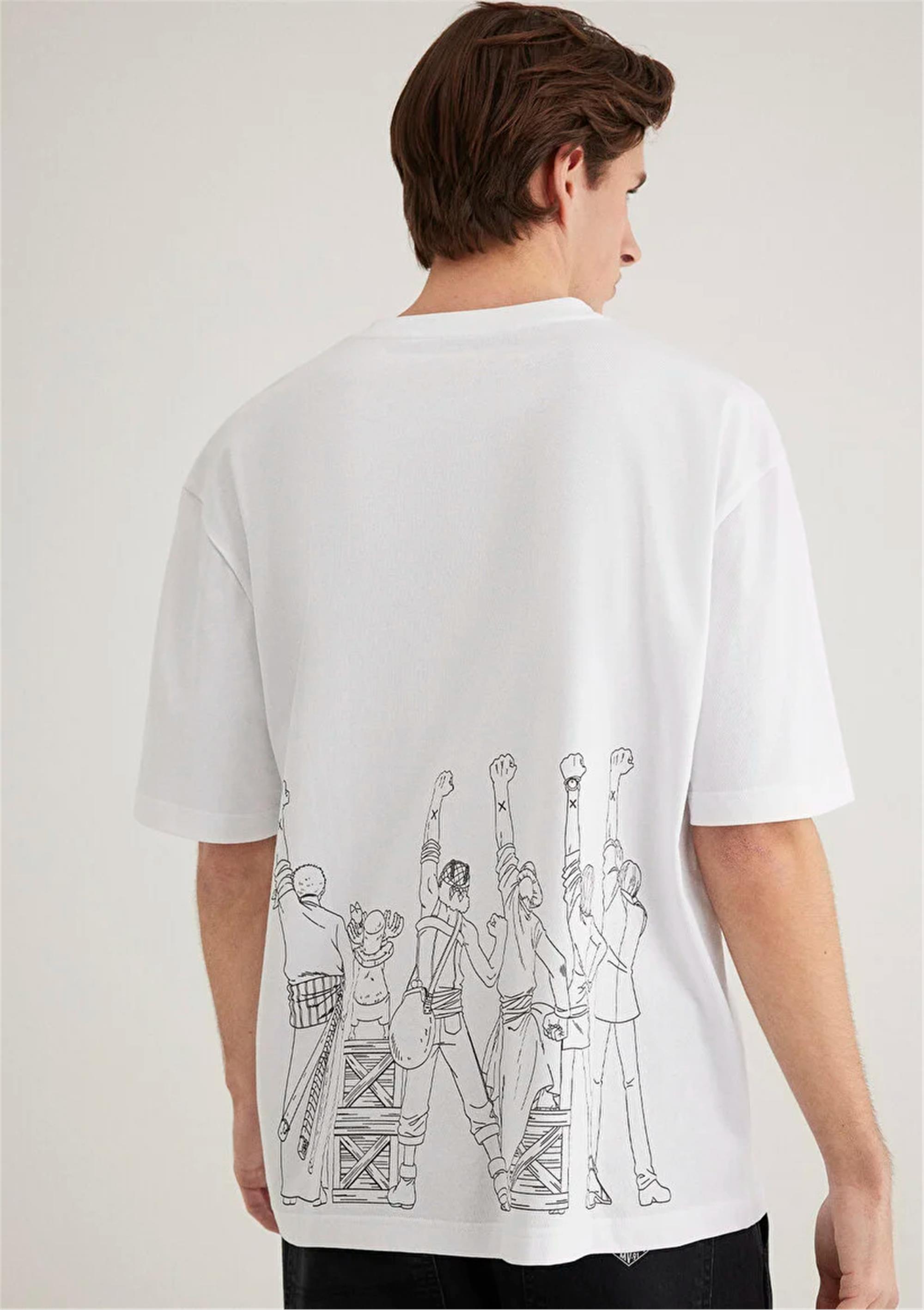 Mavı M0612563-620 Beyaz Erkek Loose One Pıece Baskılı T-Shırt