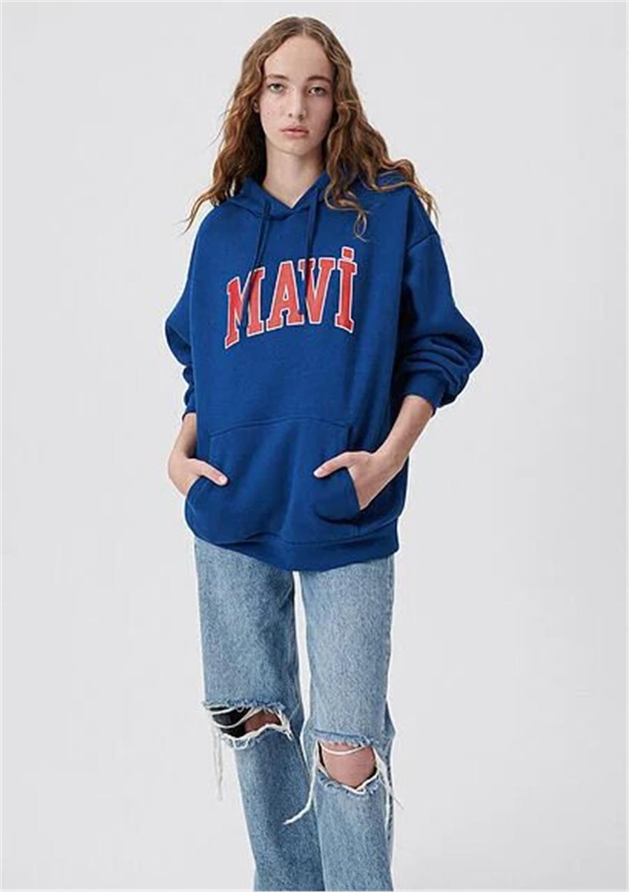 Mavi M1600361-82625 Koyu Lavicert Kadın Oversize Kapuşonlu Logo Sweatshirt