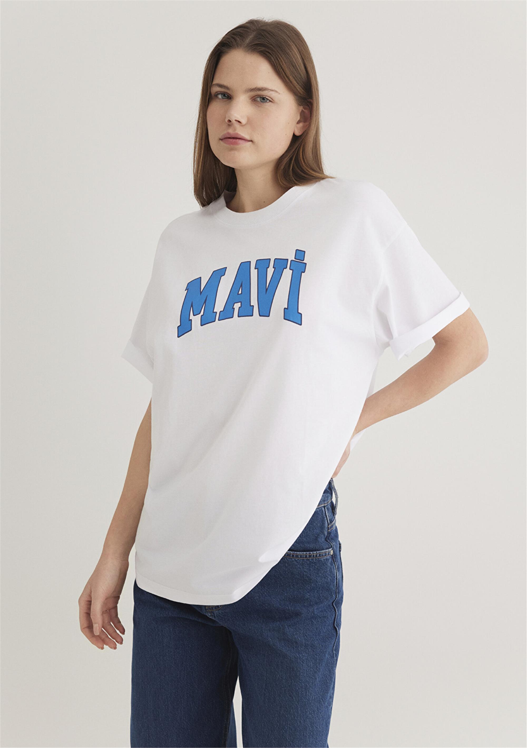 Mavi M1600843-70000 Süt Beyaz Kadın Oversize Mavi Baskılı T-Shirt