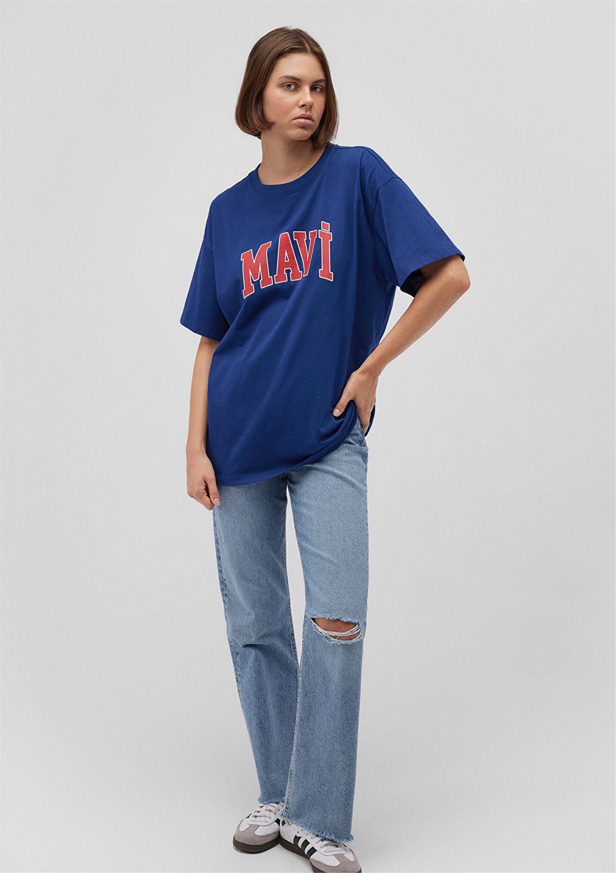 Mavı M1600843-82625 Koyu Lavıcert Kadın Oversıze Mavı Baskılı T-Shırt