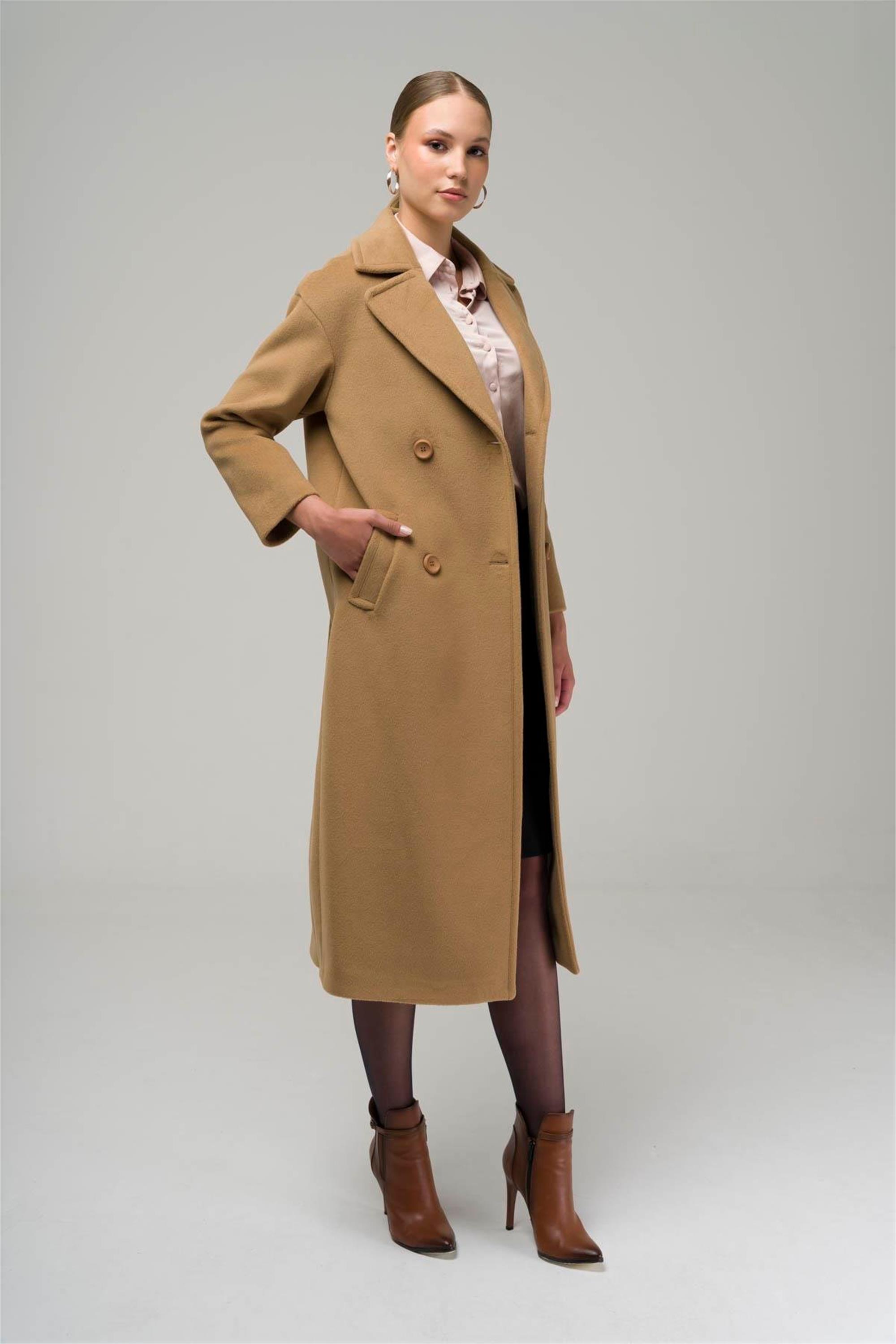 Olcay 3860-Y 3001 Kamel Kadın Kruvaze Ara Boy Oversize Kaban