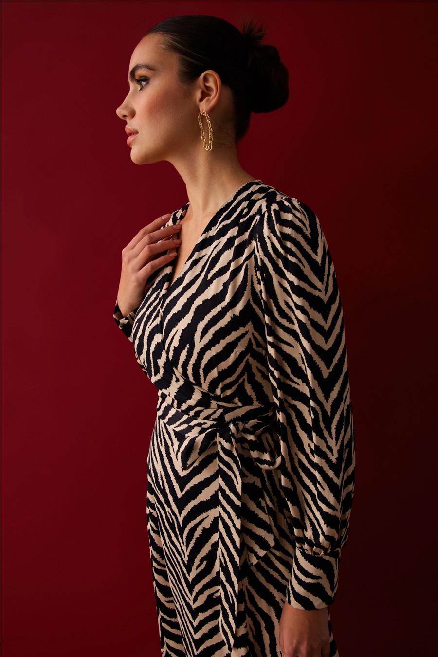 Sateen 3011-3511 Kadın Siyah Zebra Saten Elbise
