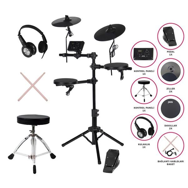 Jwin JDD-507T Dijital Davul - Bateri Seti (Tabure ve Kulaklık