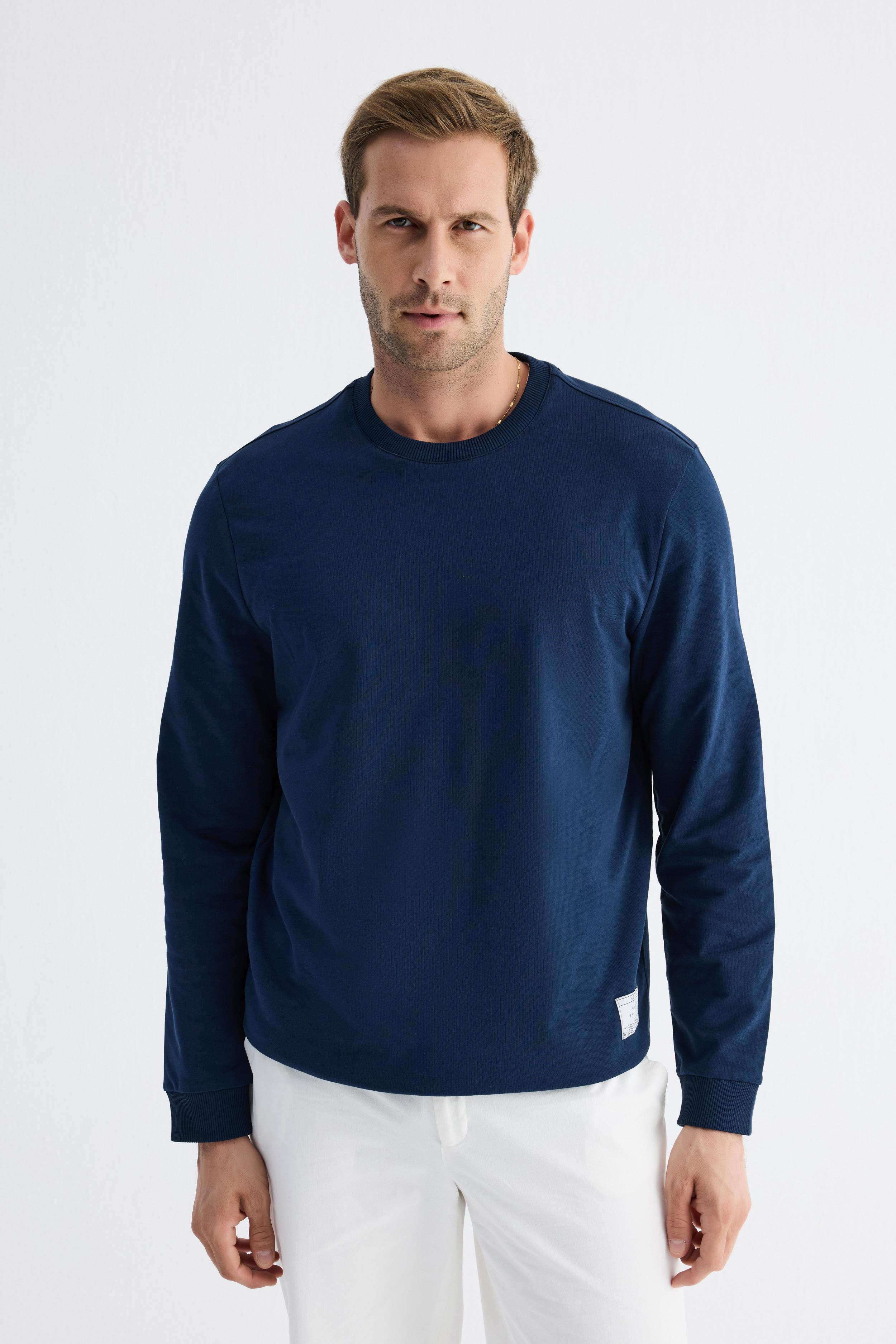  Basic Bisiklet Yaka Rahat Kalıp Düz Erkek Lacivert  Sweatshirt 