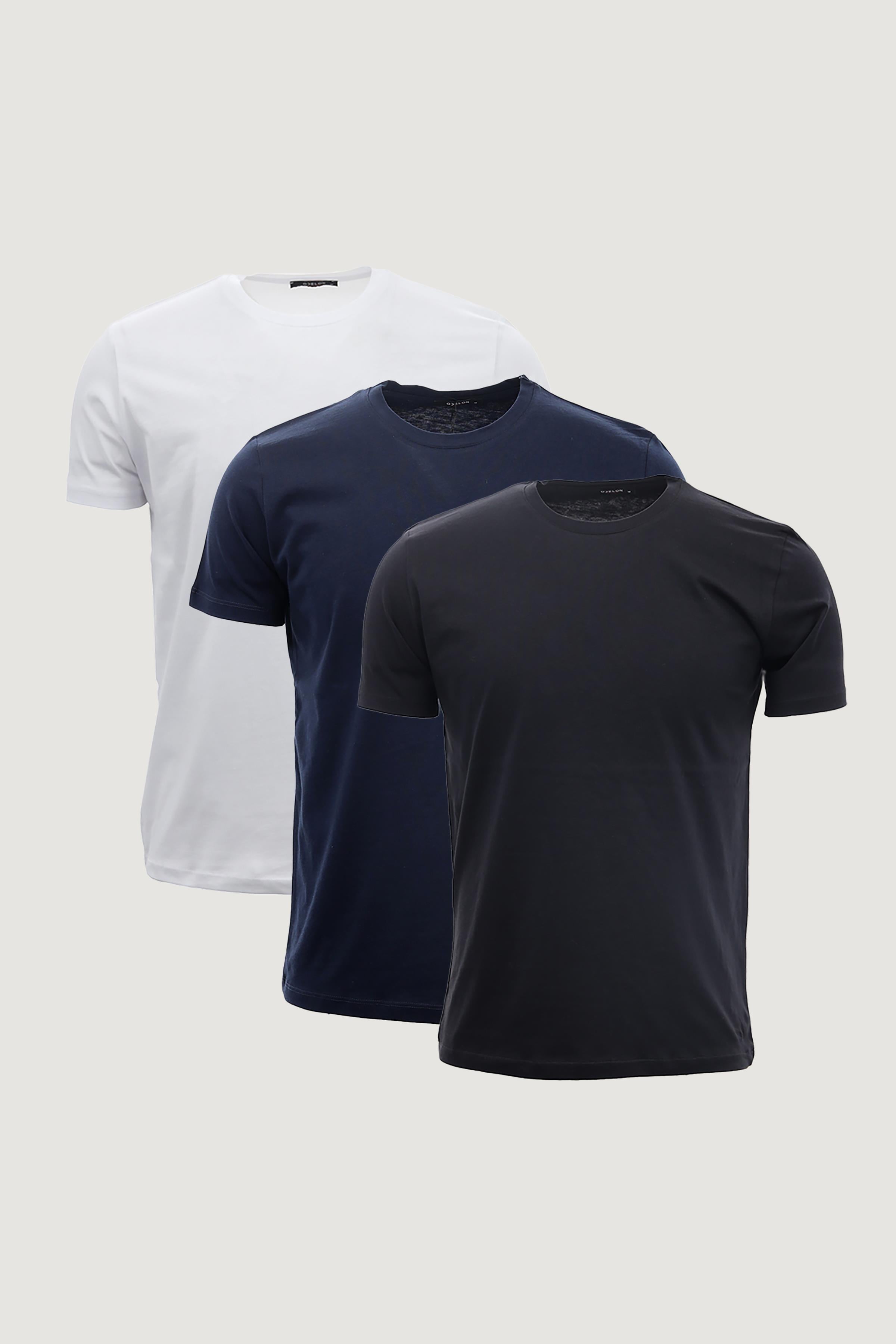 Slim Fit Dar Kesim Bisiklet Yaka  %100 Pamuk 3lü T-Shirt Paketi Siyah - Beyaz - Lacivert