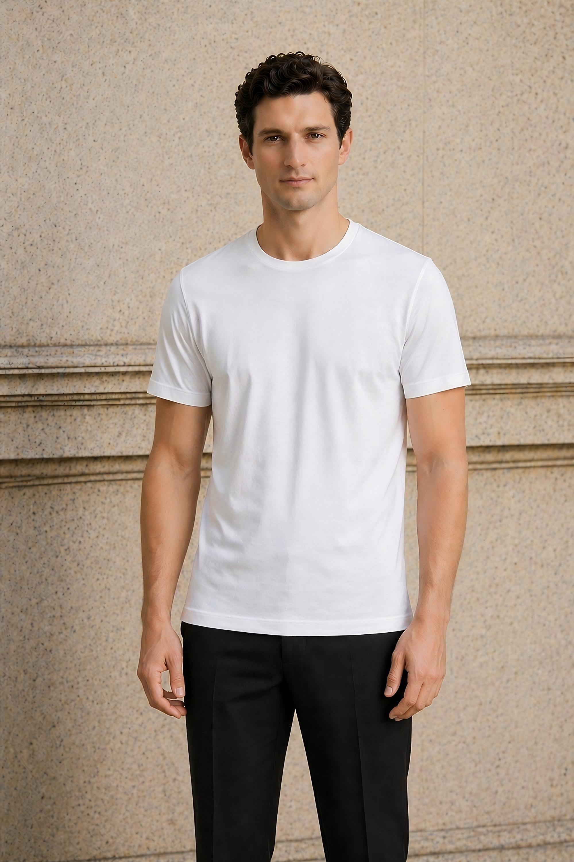 Erkek Bisiklet Yaka Premium %100 Merserize Pamuk T-Shirt Beyaz