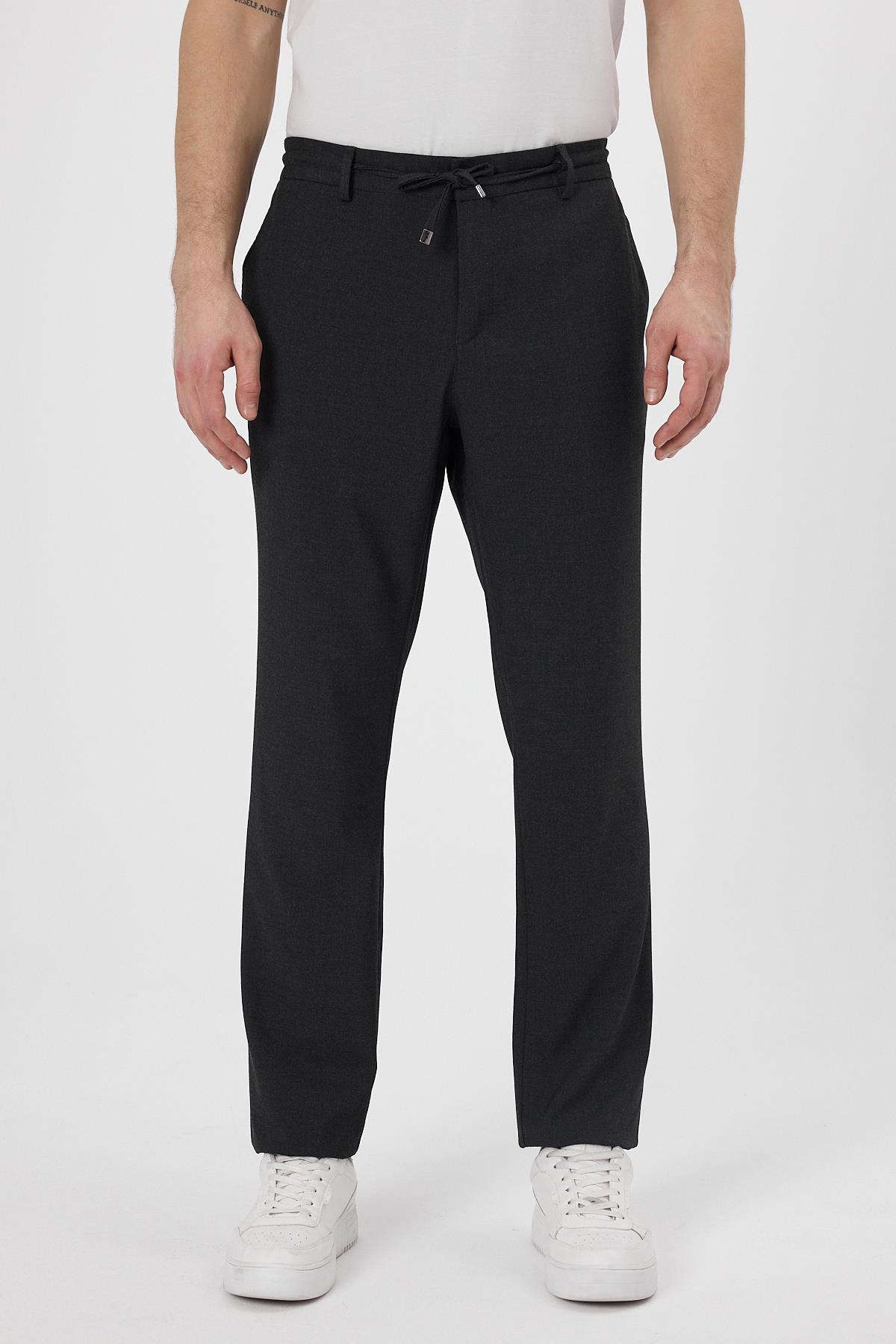 Erkek Slim Fİt Beli Lastikli İpli Fermuarlı Likralı Rahat Antrasit Jogger Pantolon