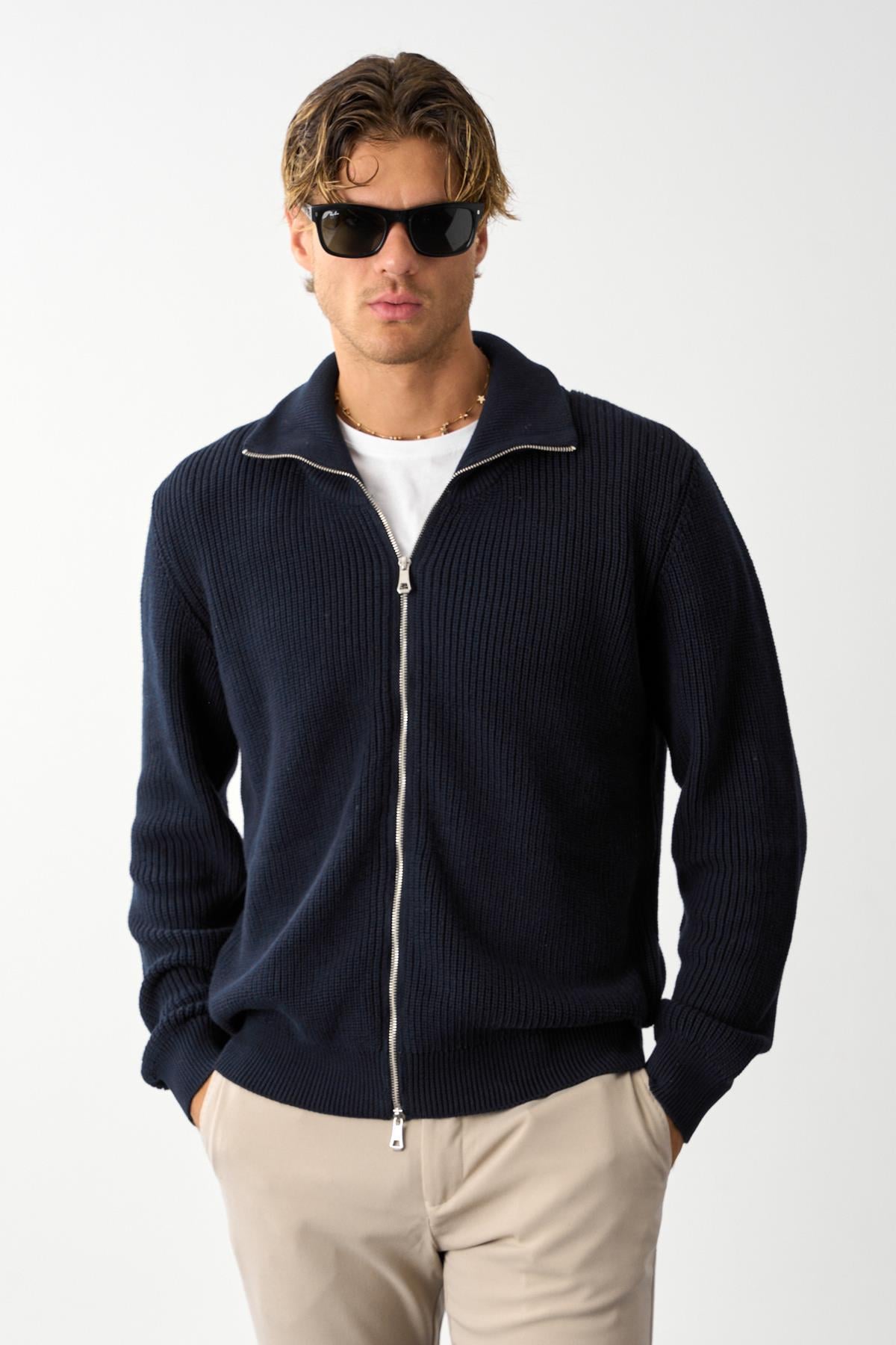 Erkek Regular Fit Selanik Örgü Pamuklu Fermuarlı Lacivert Triko Hırka