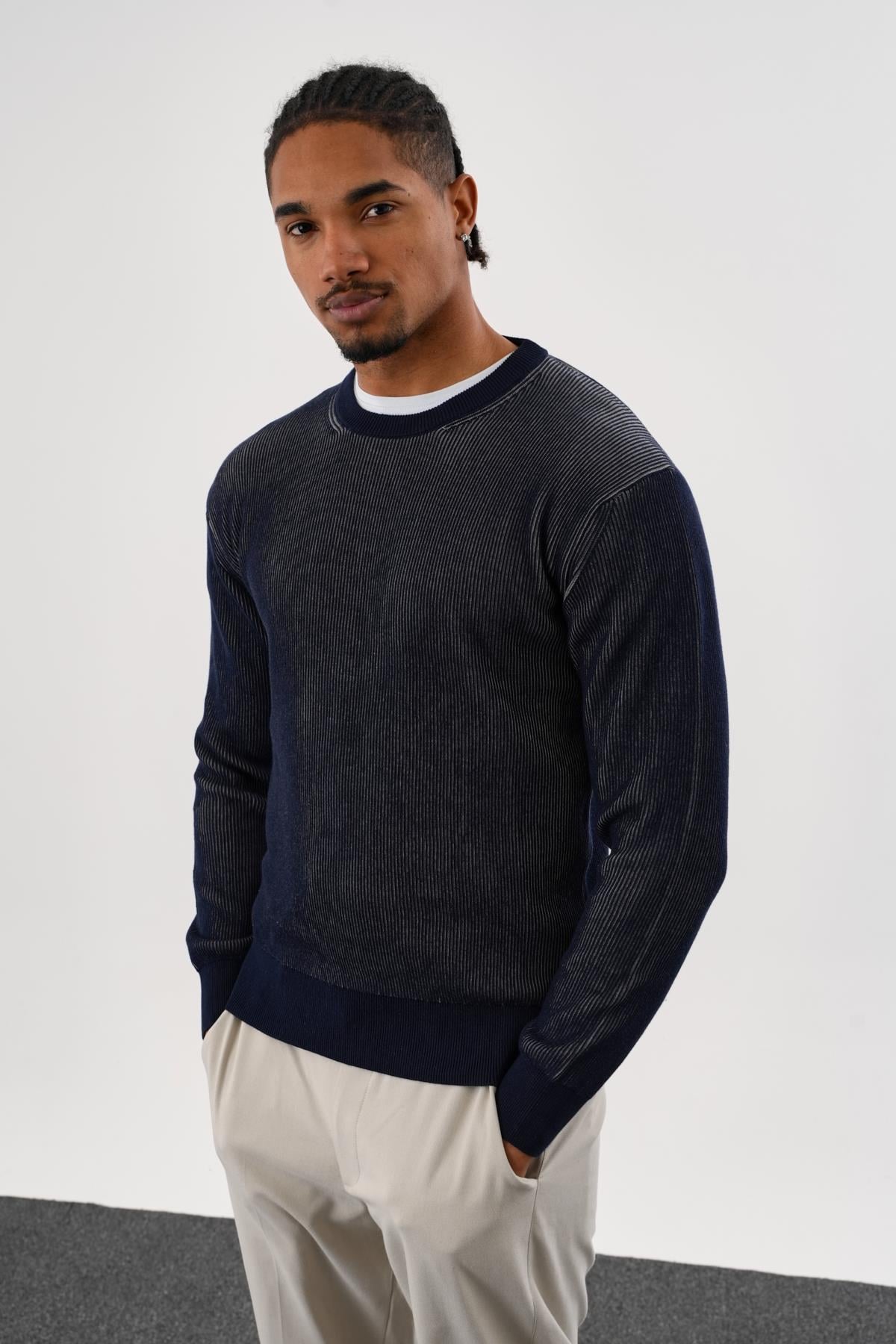 Erkek Regular Fit Vanize Örgü Pamuklu Bisiklet Yaka Lacivert Triko Kazak