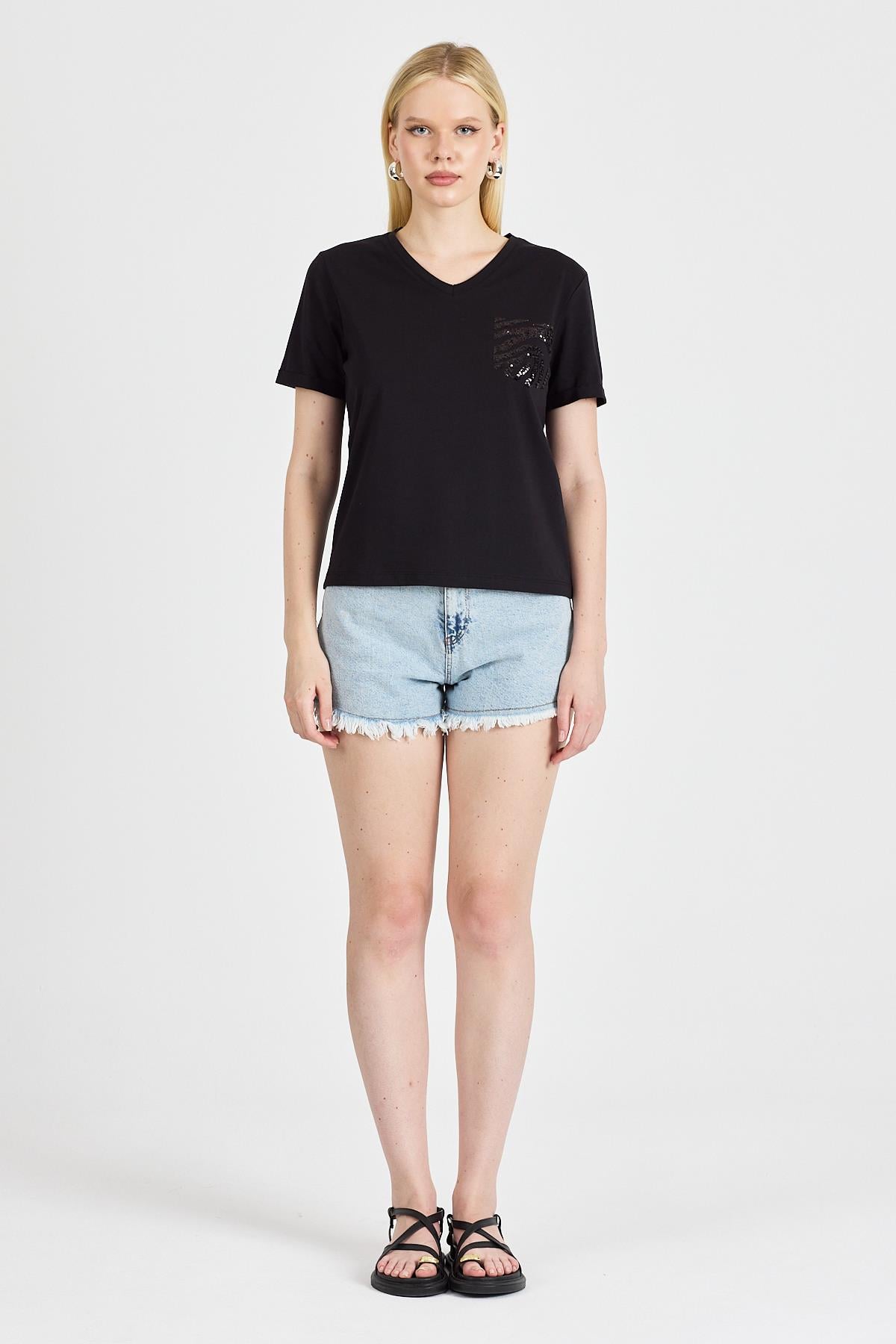 Kadın Payetli %100 Pamuk Siyah Tişört