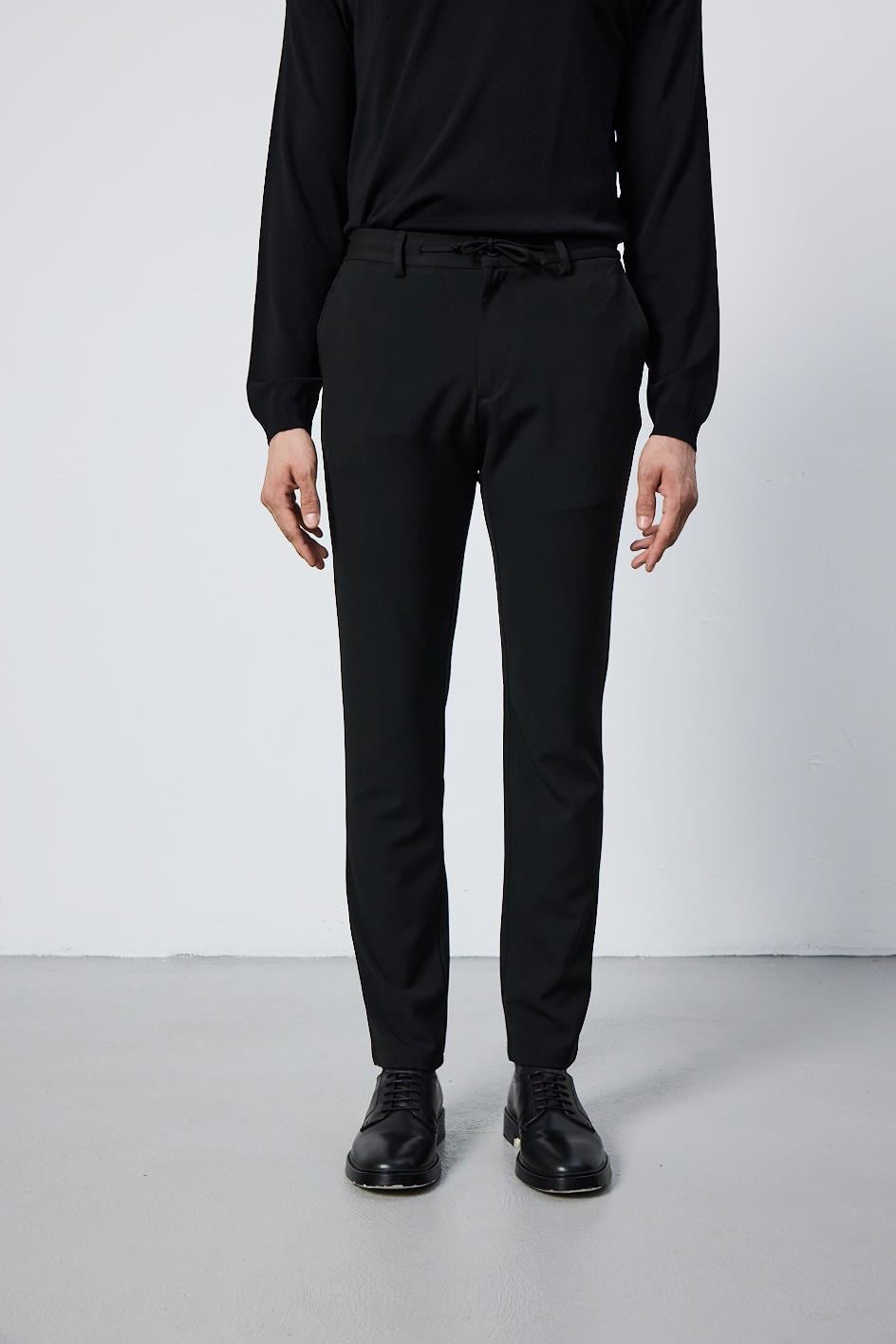 Erkek Slim Fİt Beli Lastikli İpli Fermuarlı Likralı Rahat Siyah Jogger Pantolon