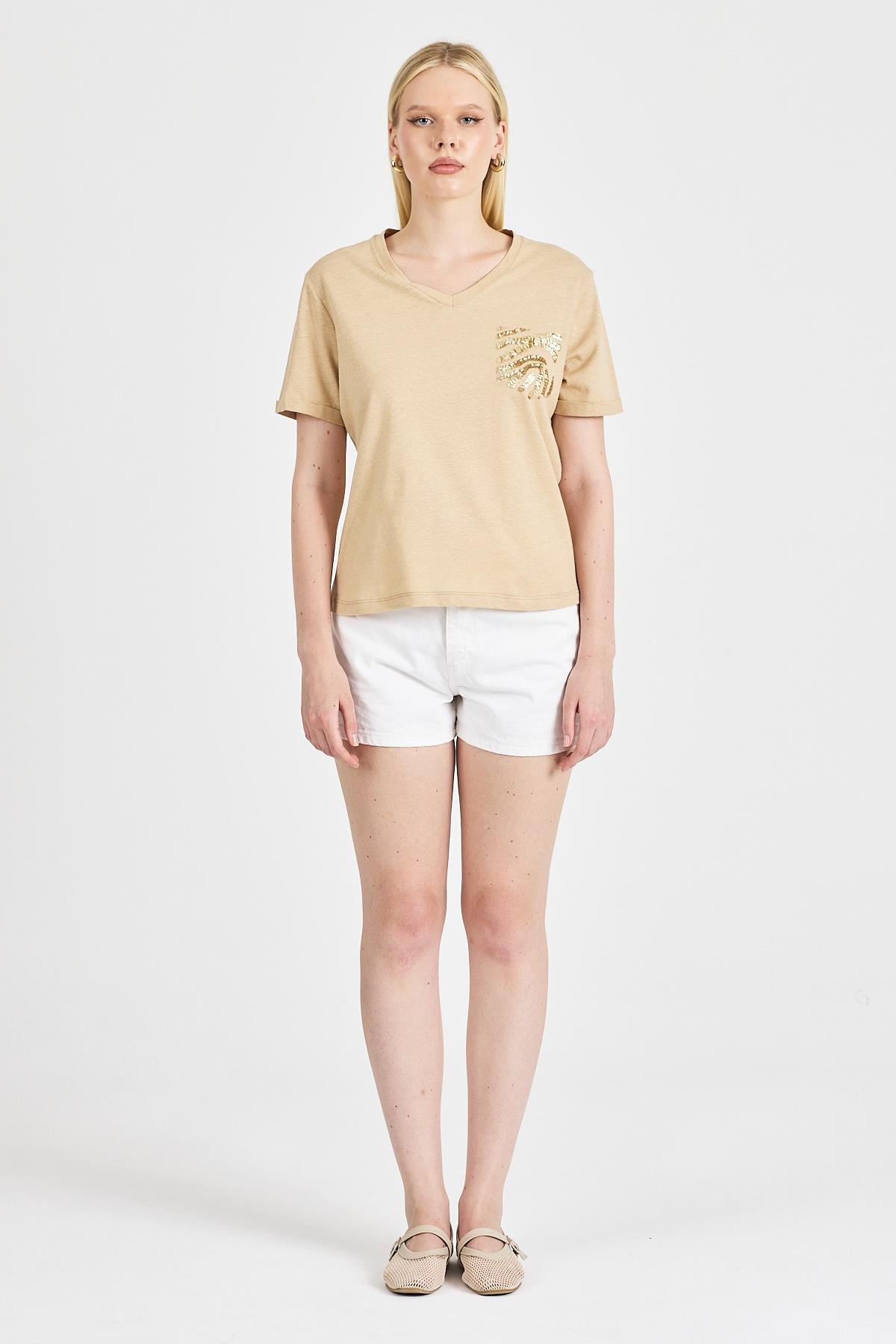 Kadın Payetli %100 Pamuk Bej Tişört