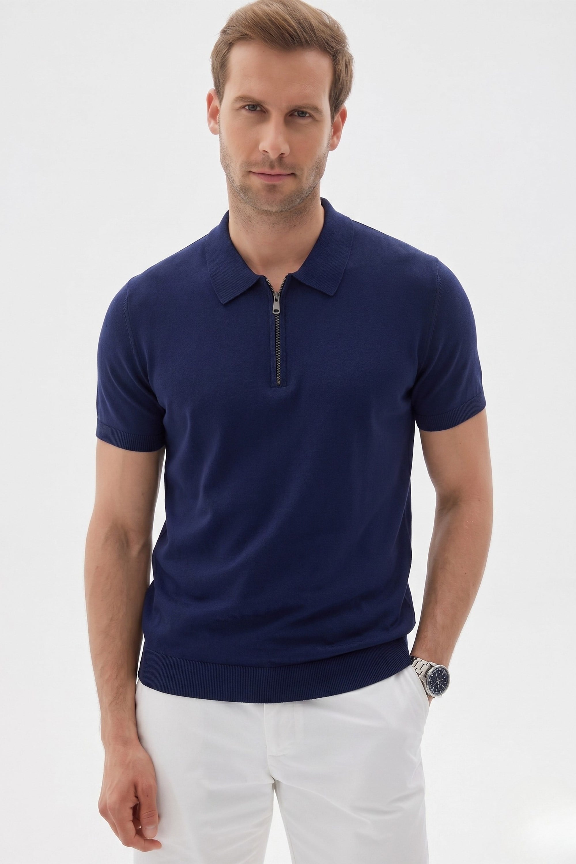 LIMITED Düz Fermuarlı Polo Yaka Rayon Erkek Lacivert Triko Tişört 