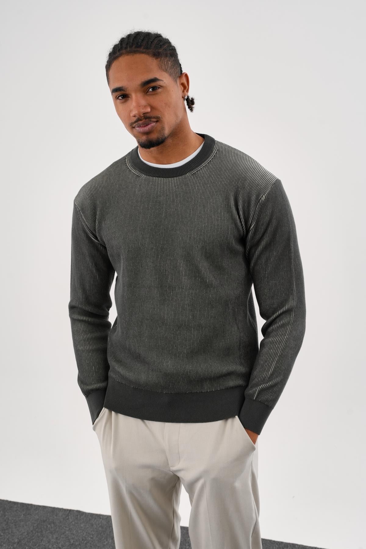 Erkek Regular Fit Vanize Örgü Pamuklu Bisiklet Yaka Haki Triko Kazak